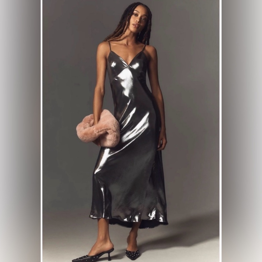 Anthropologie Shimmering Skip Metallic Silver Maxi Dress